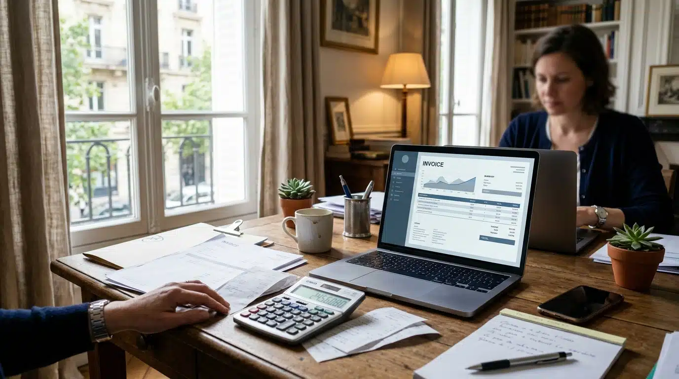 Bureau avec ordinateur et facture électronique abstraite