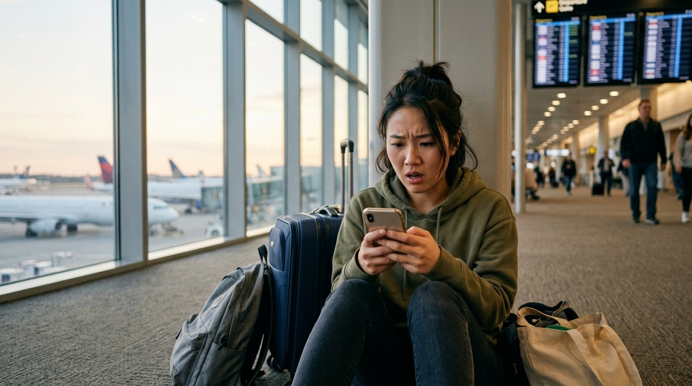 Passager assis au sol dans un aéroport avec valises