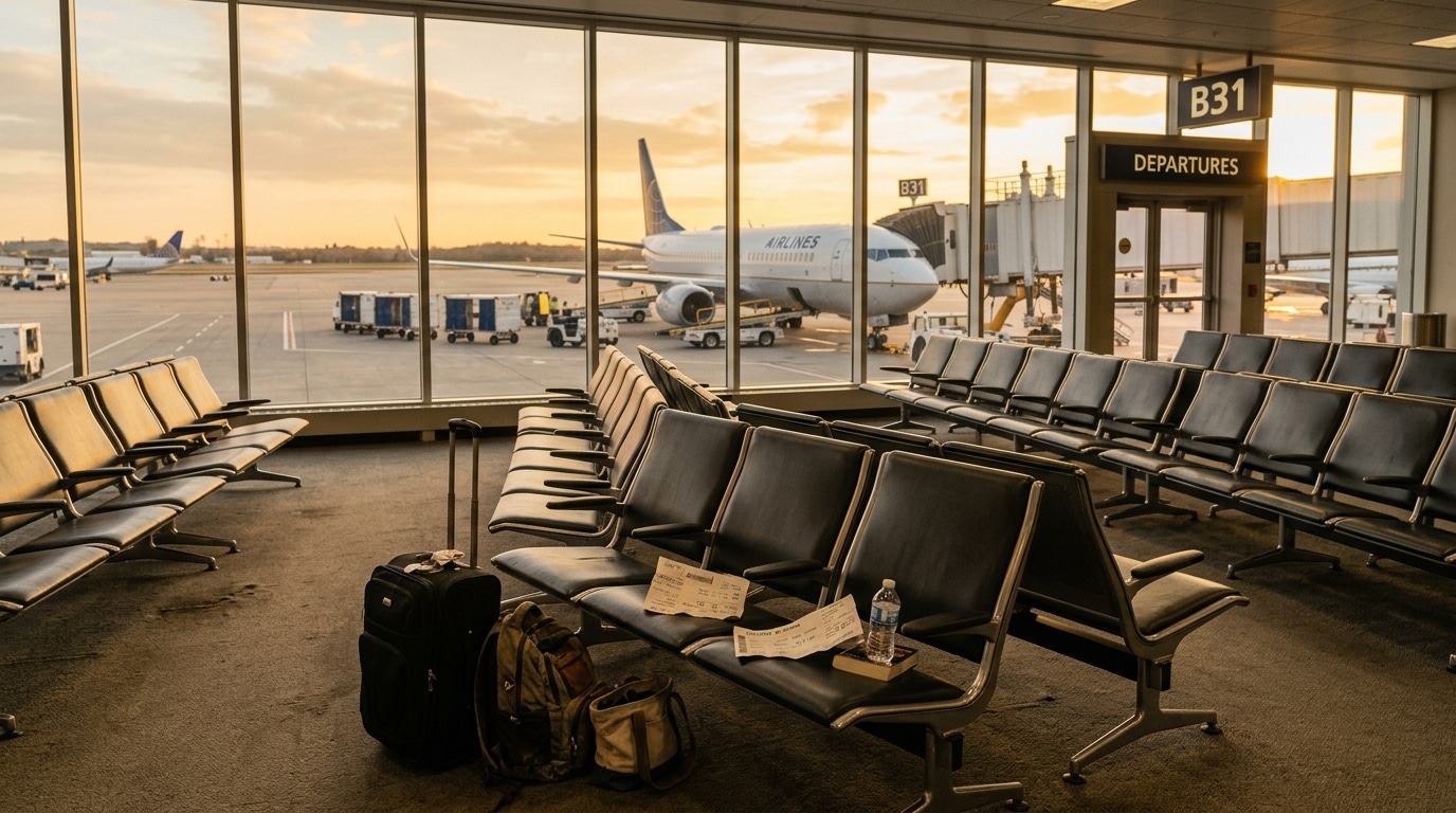 Salle d'embarquement vide avec avion sur le tarmac