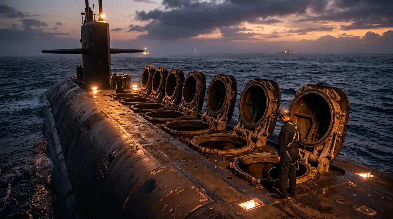 Tubes de lancement vertical ouverts sur un sous-marin
