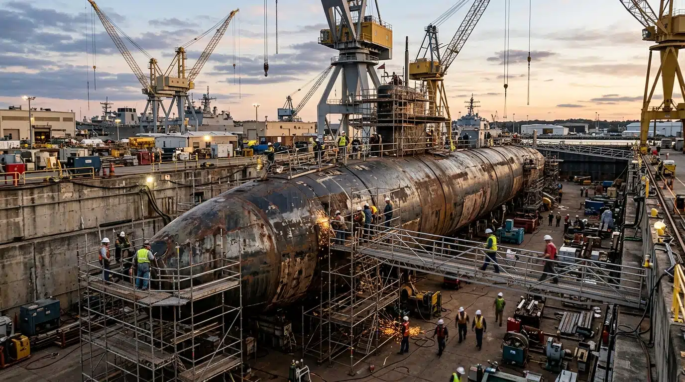 Sous-marin en maintenance dans un chantier naval