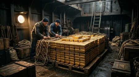 Lingots d'or empilés dans une cale de navire