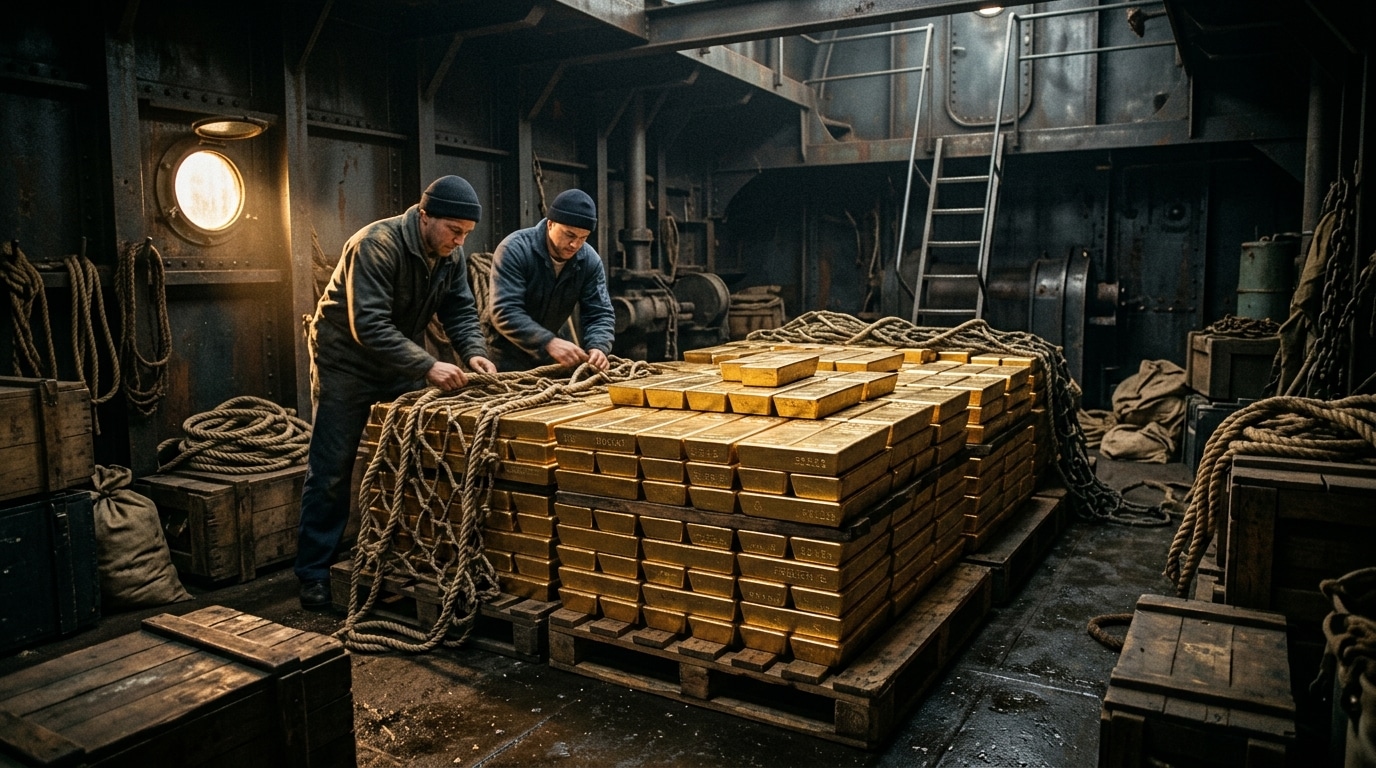 Lingots d'or empilés dans une cale de navire