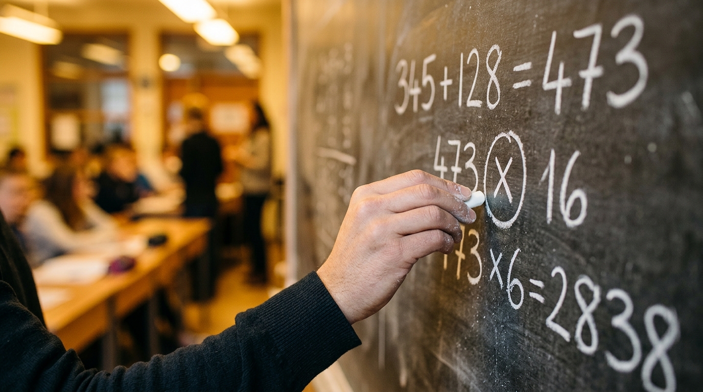 Main écrivant les étapes de résolution d'un calcul sur tableau