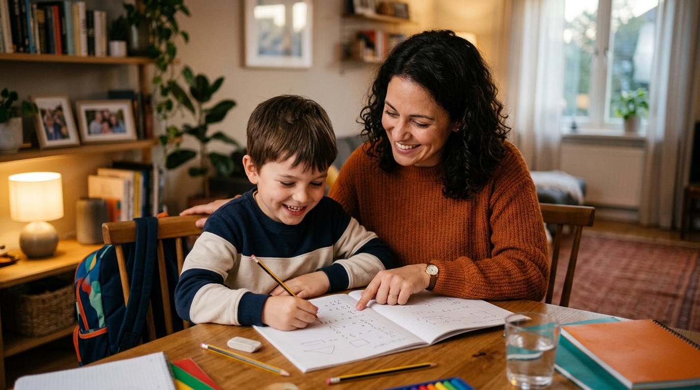 Parent et enfant résolvant ensemble une énigme mathématique