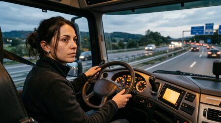 Camionneuse au volant d'un poids lourd en Europe