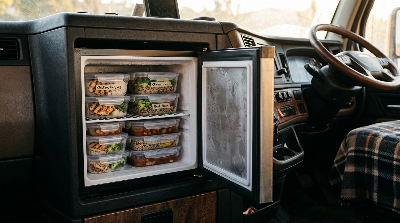Repas préparés stockés dans congélateur de camion