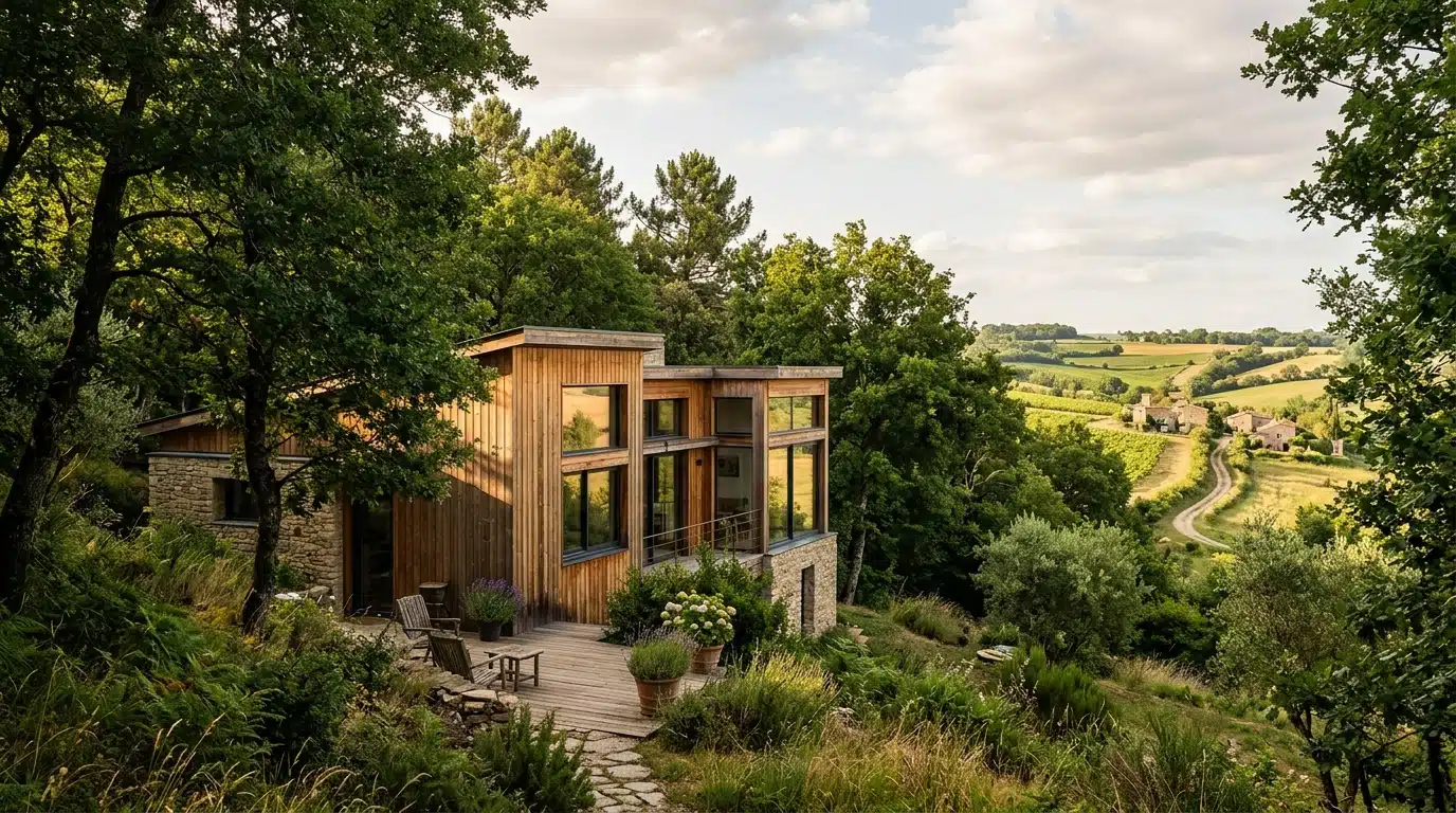 Maison en bois sur coteau avec ouvertures ombragées