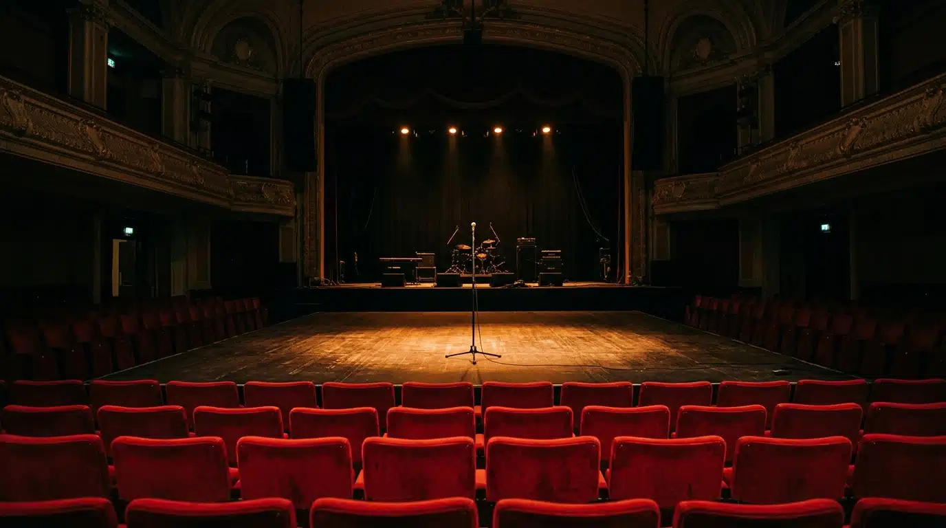 Scène de concert vide avec micro et projecteurs éteints