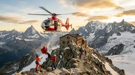 Hélicoptère de secours près d'un refuge en montagne