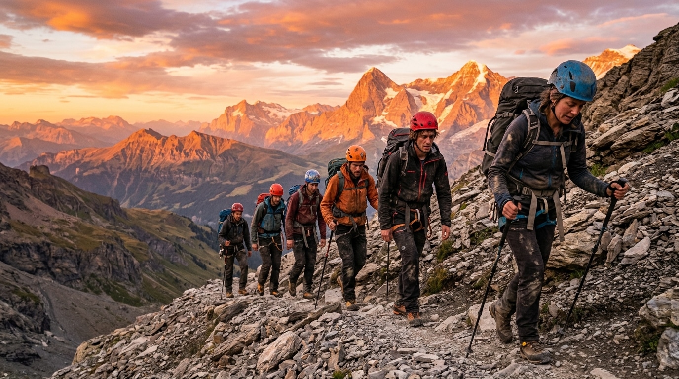 Groupe d'alpinistes redescendant après un sauvetage