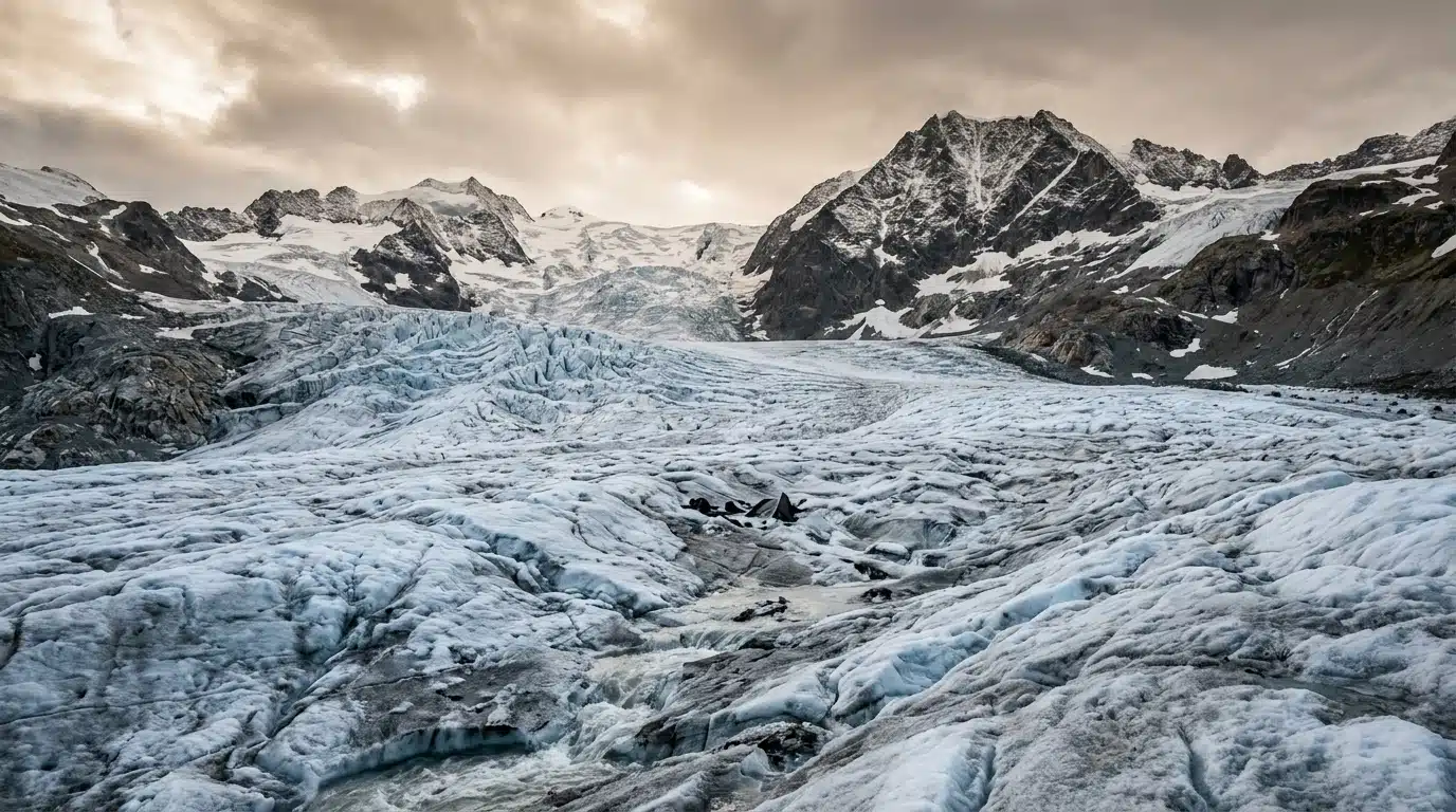 Glacier alpin fissuré révélant des formes sombres sous la glace