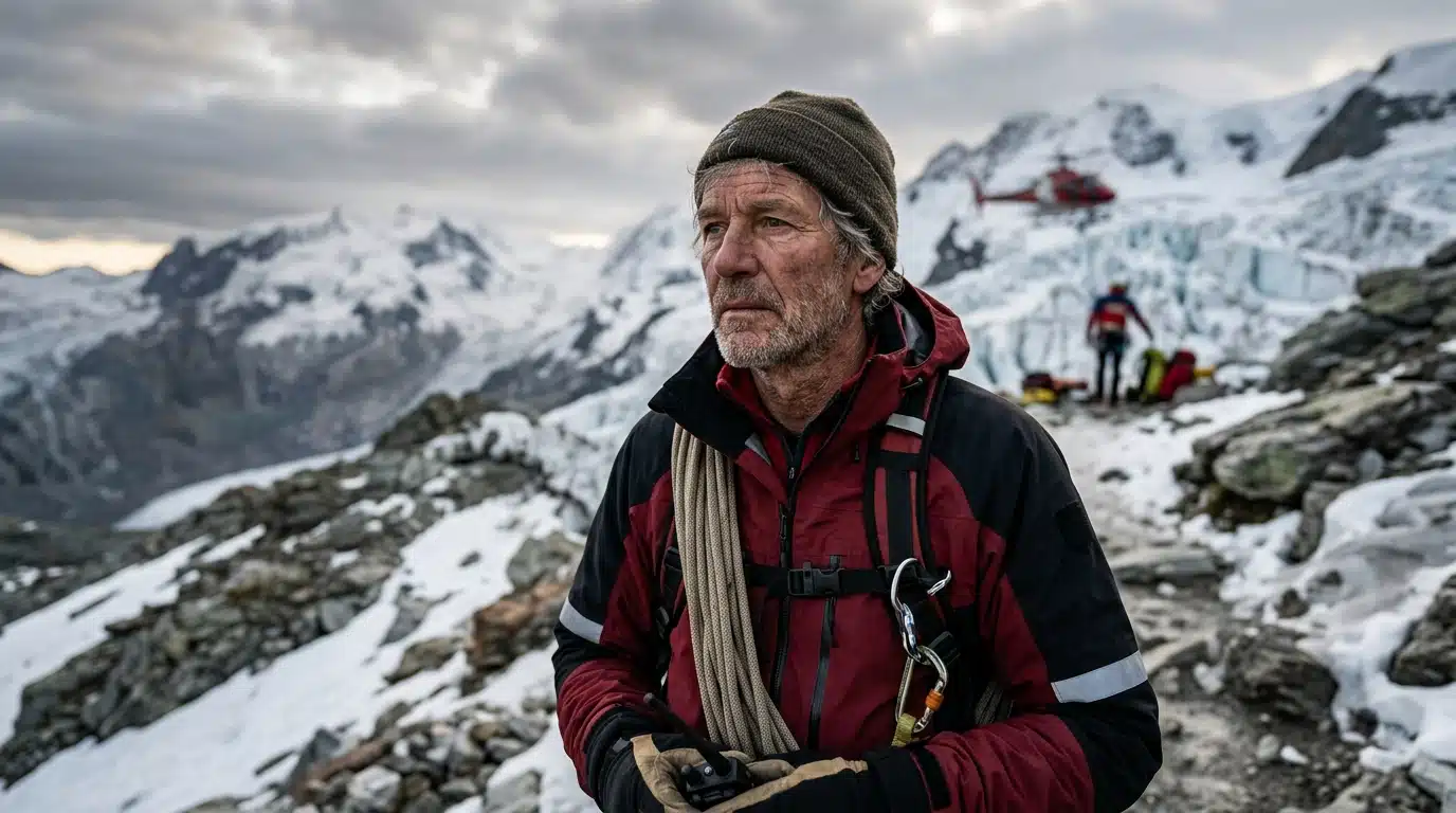 Sauveteur en montagne au regard grave près d'un glacier