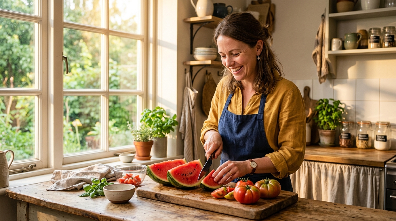 Femme prépare un gaspacho pastèque tomates en cuisine