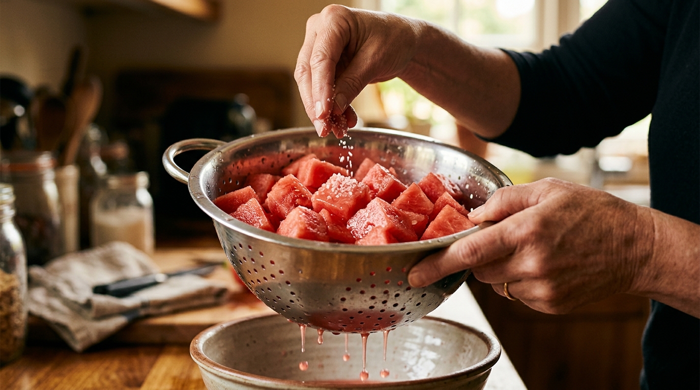 Geste de salage de la pastèque avant mixage