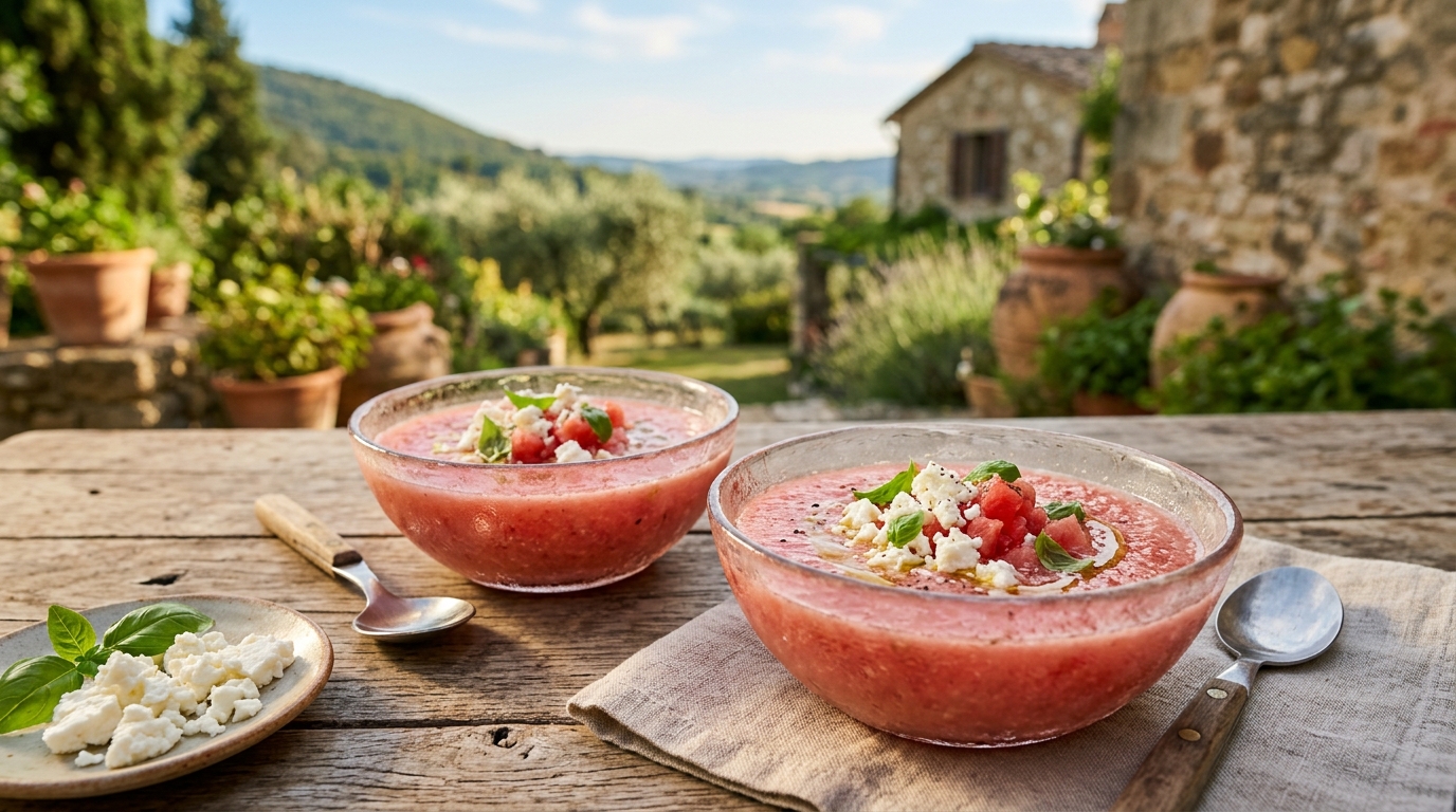 Bols de gaspacho pastèque tomates feta et basilic