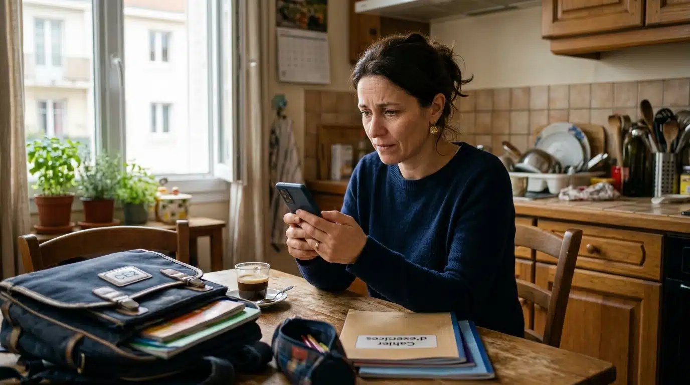 Mère vérifiant son compte bancaire sur smartphone