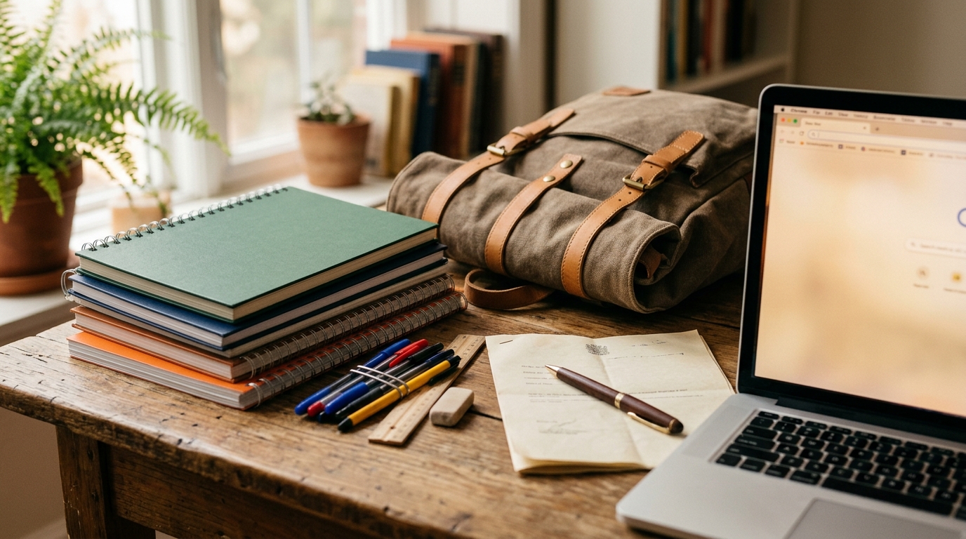 Fournitures scolaires et document administratif sur bureau