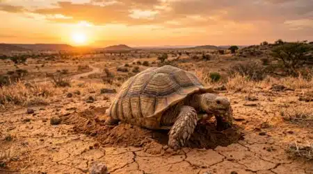 Tortue africaine creusant le sable dans le Sahara au coucher du soleil