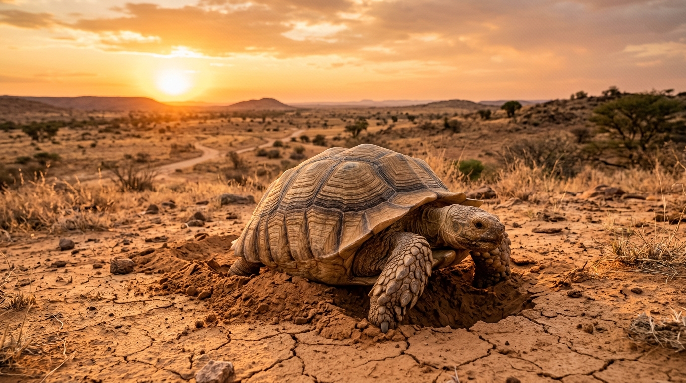 Tortue africaine creusant le sable dans le Sahara au coucher du soleil