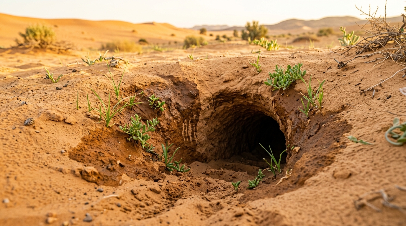 Terrier de tortue dans le sable humide avec pousses vertes