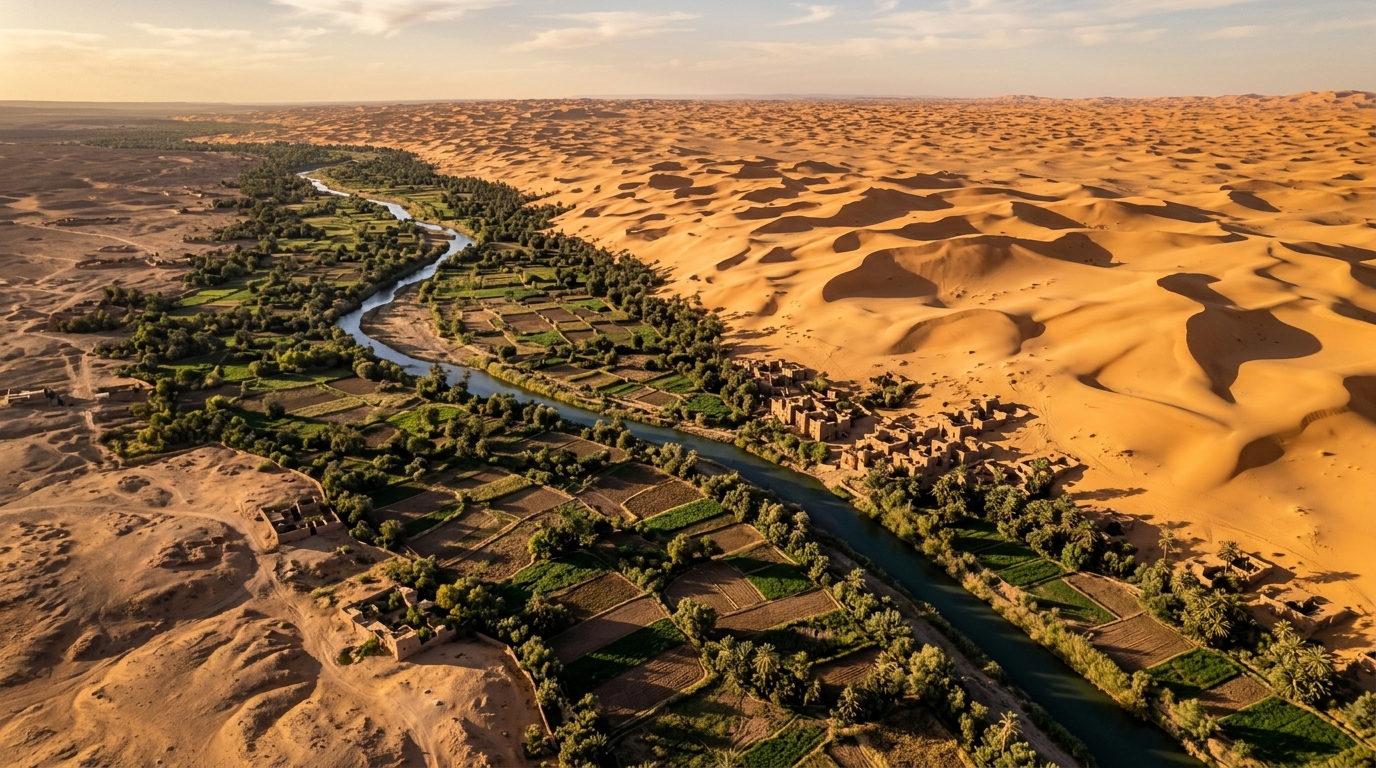 Vue aérienne de zones vertes apparues en bordure du Sahara