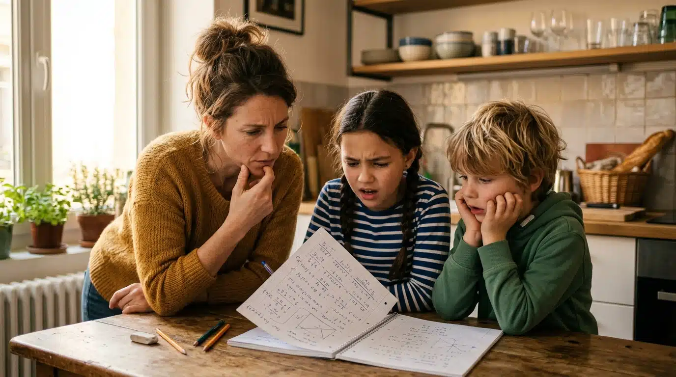 Famille perplexe devant un calcul de mathématiques à la maison