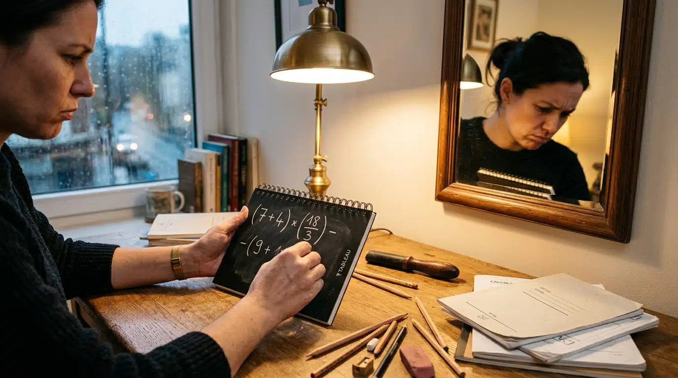 Main écrivant un calcul avec parenthèses dans un cahier