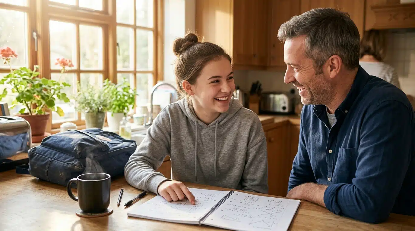 Père et fille souriants après avoir résolu un calcul piège