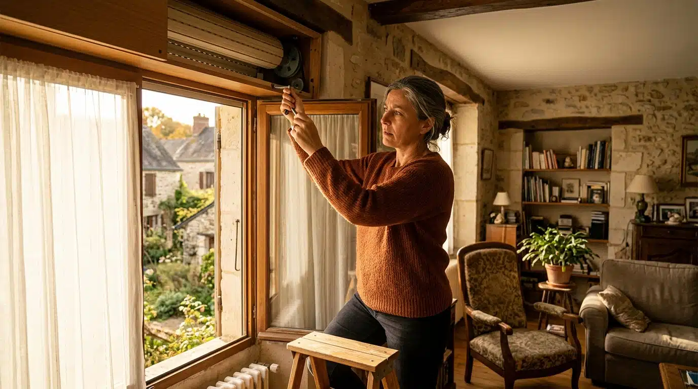 Femme vérifiant l'étanchéité d'un volet roulant