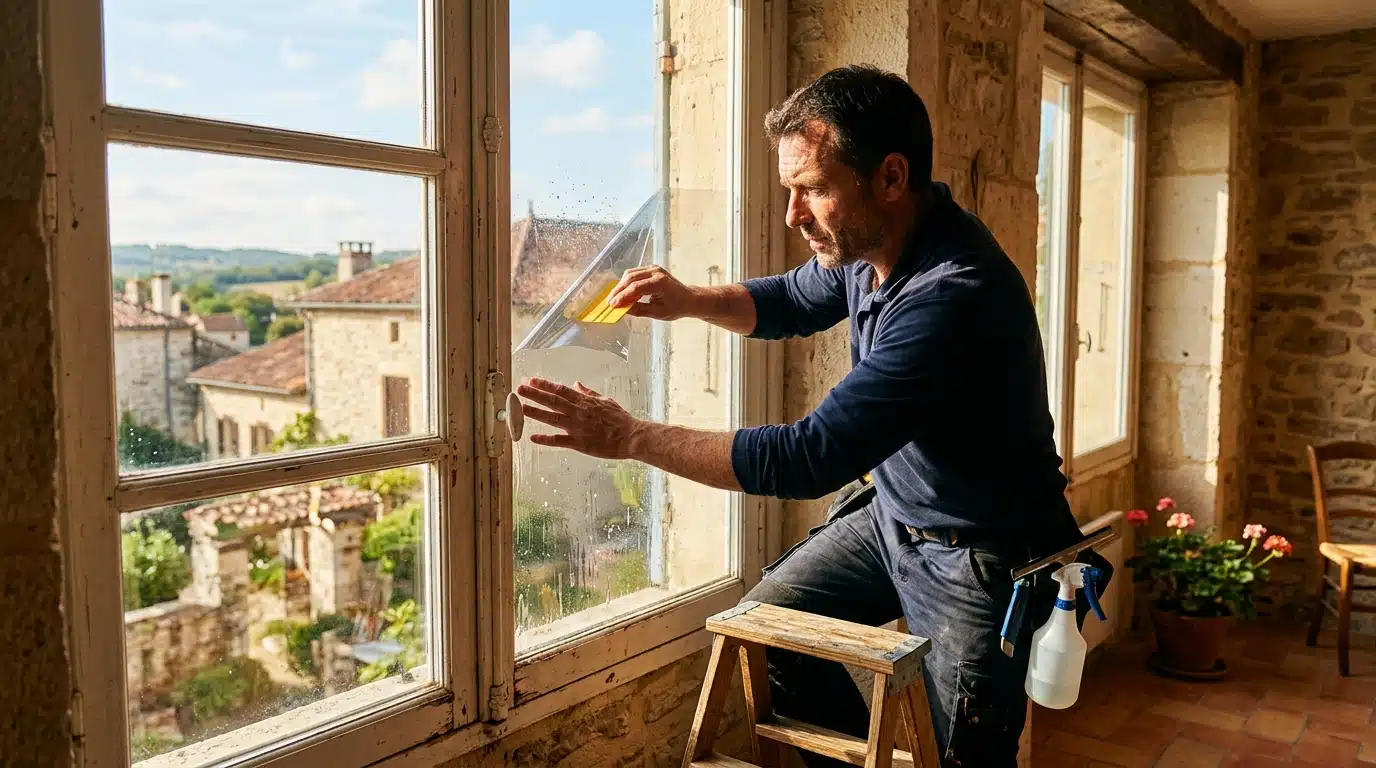 Homme posant un film solaire sur une fenêtre