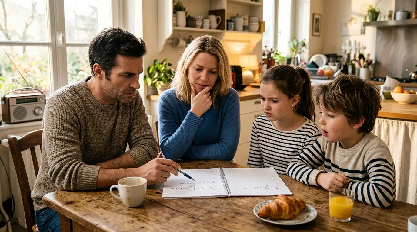 Famille réunie autour d'un calcul de CE2 le dimanche