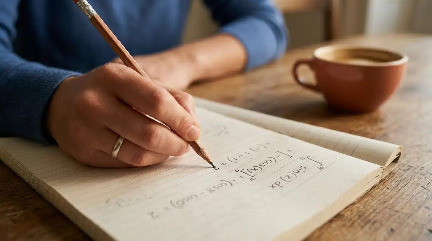 Main écrivant les étapes d'un calcul mathématique
