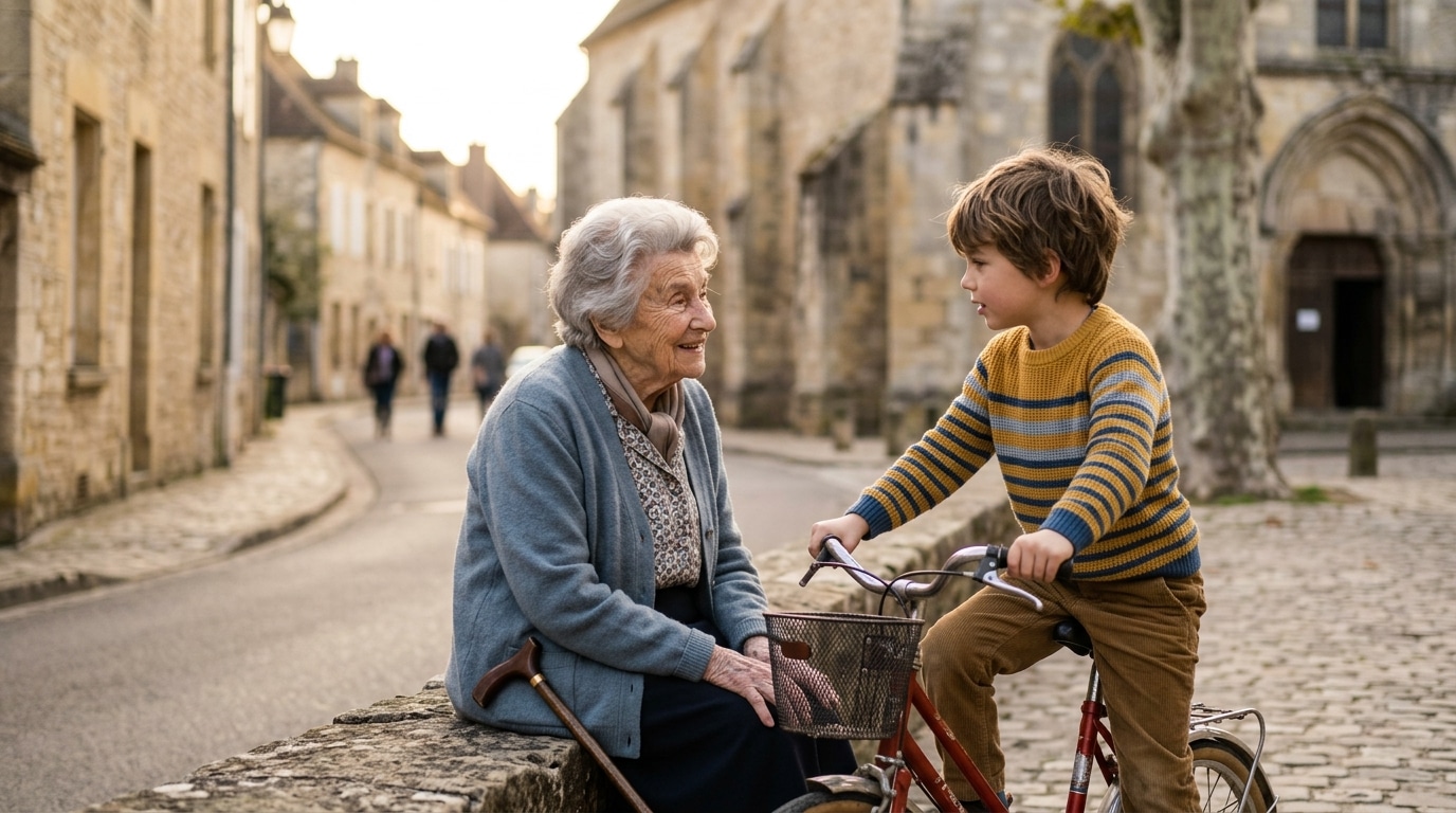 Enfant à vélo aidant une dame âgée dans la rue