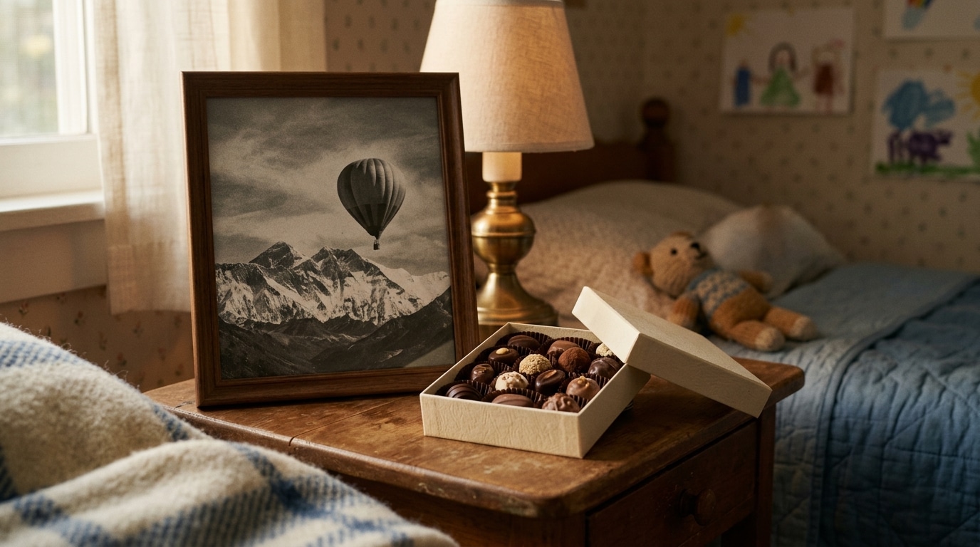 Photo encadrée de montgolfière et boîte de chocolats