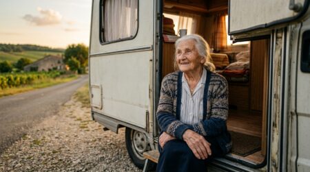 Femme âgée souriante devant un camping-car