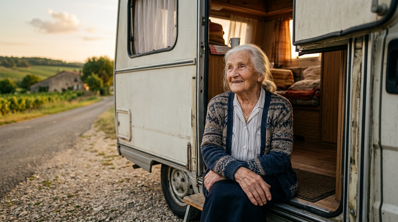 Femme âgée souriante devant un camping-car
