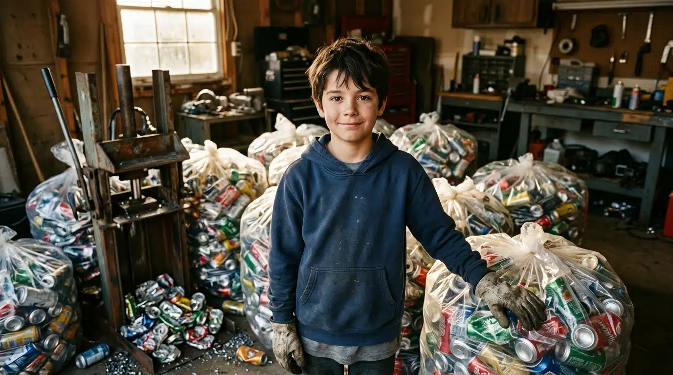 Adolescent souriant devant des sacs de canettes écrasées