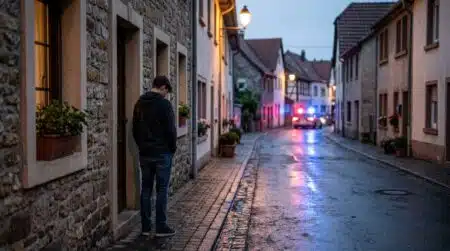 Rue résidentielle calme au crépuscule avec lumières d'urgence