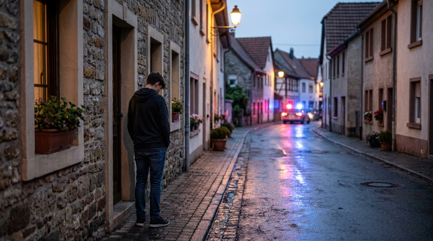 Rue résidentielle calme au crépuscule avec lumières d'urgence
