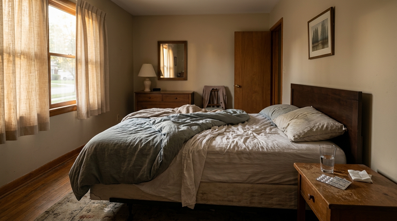 Chambre silencieuse avec lit défait en fin de journée