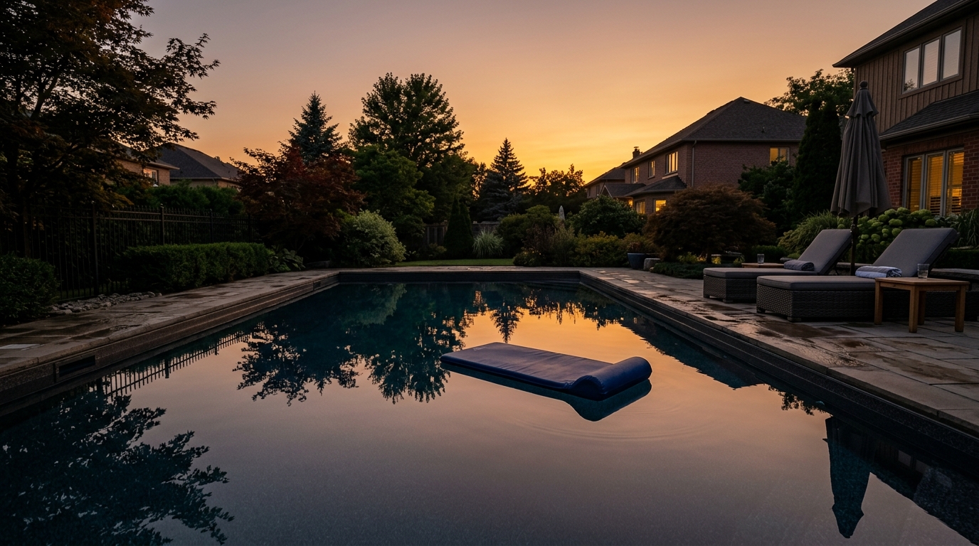 Piscine familiale calme au crépuscule sans personne