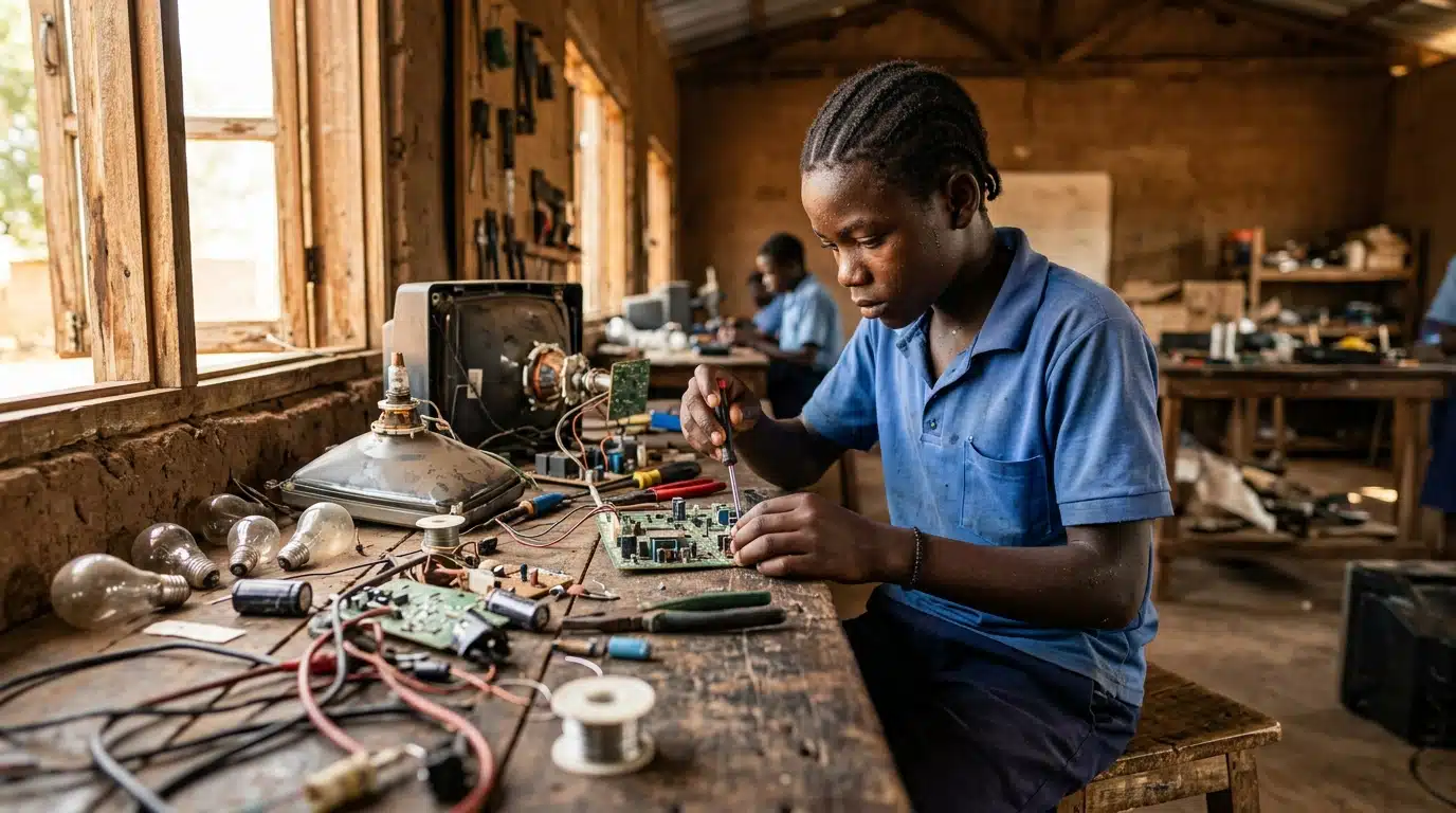 Adolescent bricolant un appareil électronique dans un atelier rural