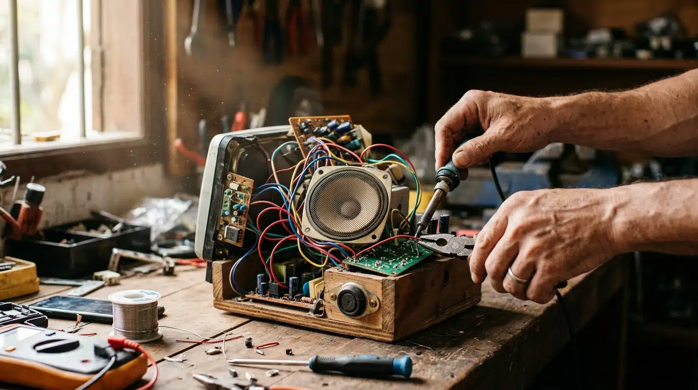 Mains assemblant un téléphone avec des pièces recyclées