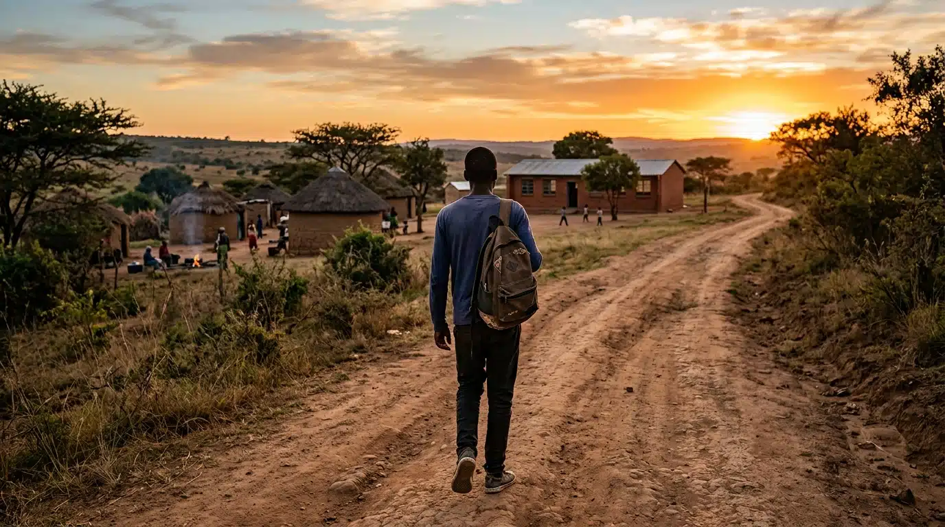 Jeune homme marchant seul dans un village africain au coucher du soleil