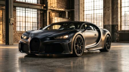 Hypercar noir satiné garée dans un entrepôt industriel