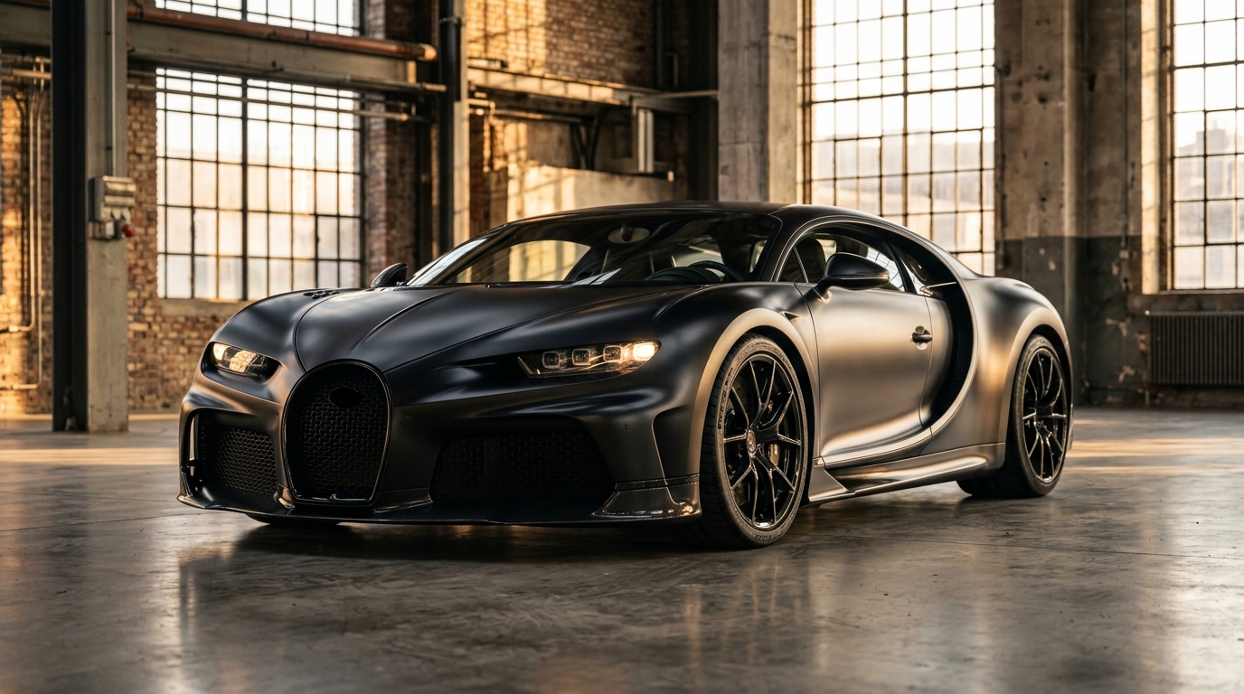 Hypercar noir satiné garée dans un entrepôt industriel