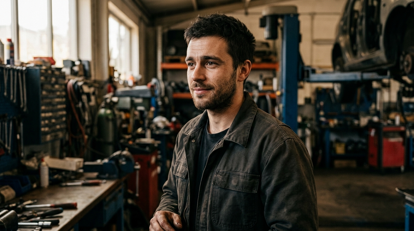 Jeune homme au visage inquiet dans un atelier mécanique