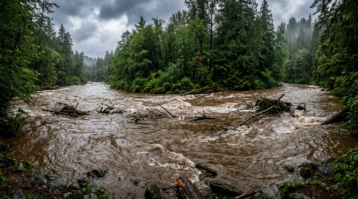 Silhouette d'une femme au bord d'une rivière agitée