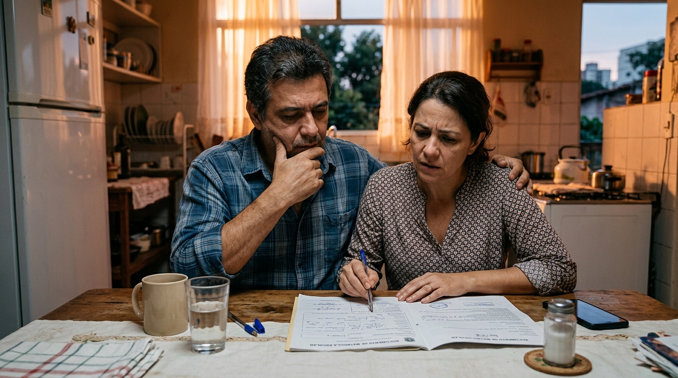 Couple brésilien inquiet examinant un document scolaire